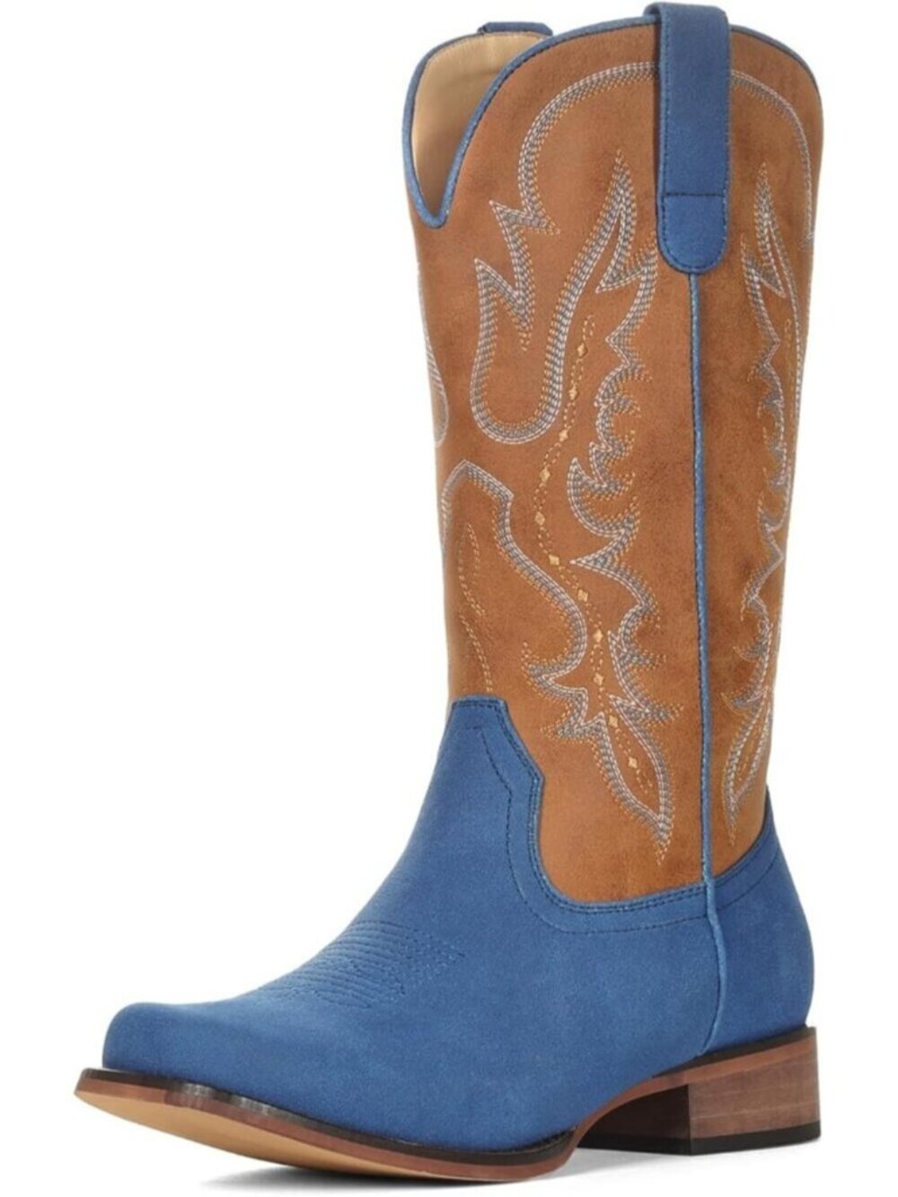 Women's Blue & Brown Western Square Toe Mid Calf Embroidered Chunky Heel Boots